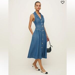 BOBBLES & LACE Denim Button-Front Sleeveless Denim Maxi Dress with Collared Neck